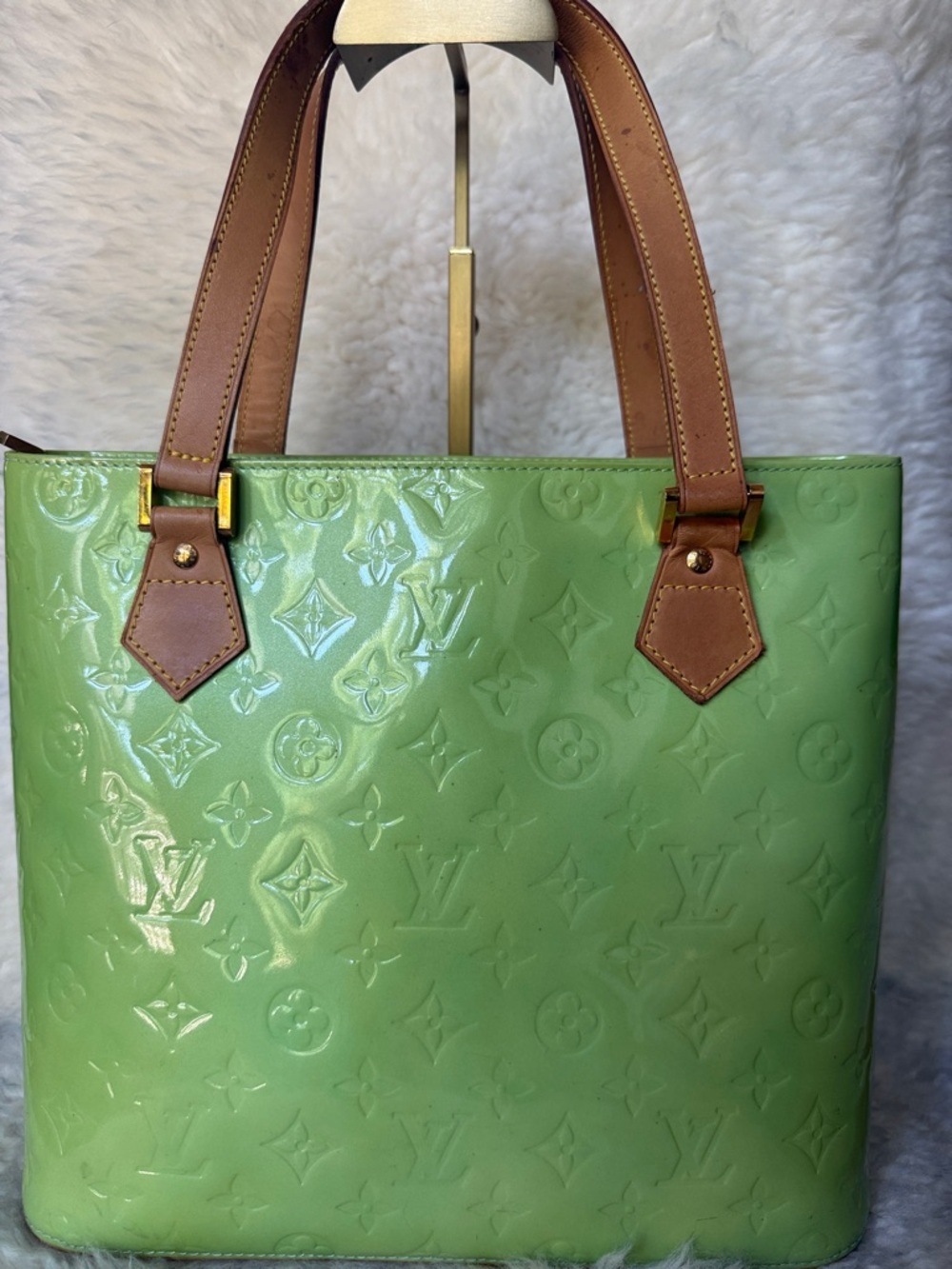 Louis Vuitton Green Vernis Patent Tote with Brown Handles